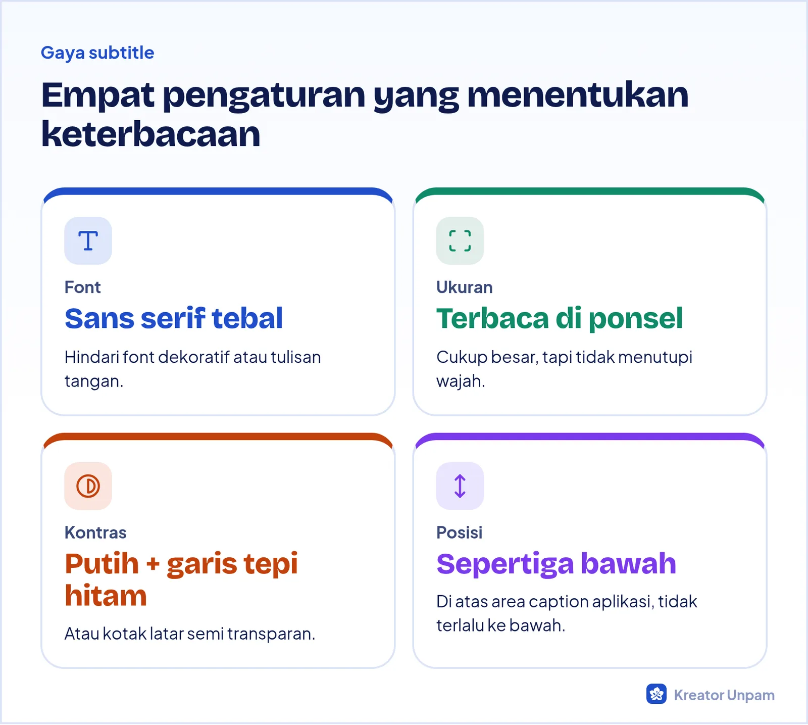 Pengaturan gaya subtitle yang mudah dibaca: font, ukuran, kontras, dan posisi