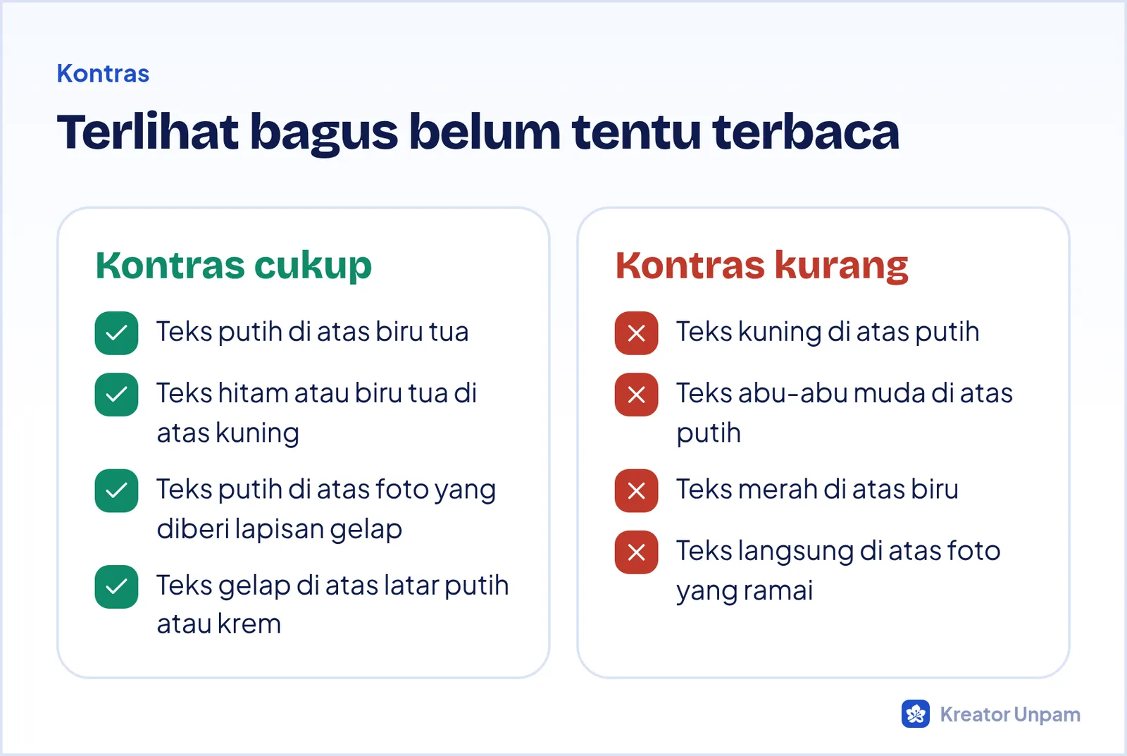 Contoh pasangan warna teks dan latar dengan kontras yang baik dan yang buruk