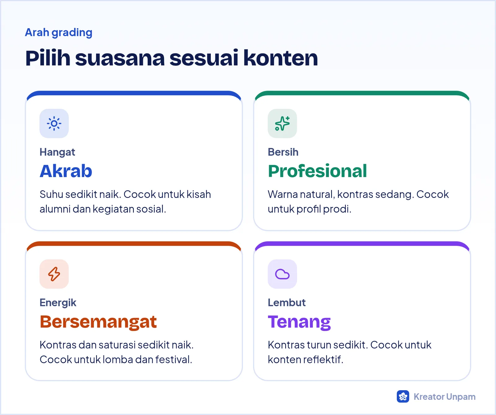 Contoh arah color grading untuk konten kampus: hangat, bersih, energik, dan lembut