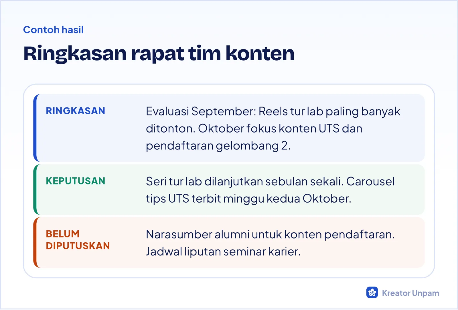 Contoh ringkasan rapat dari AI: ringkasan, keputusan, dan hal yang belum diputuskan