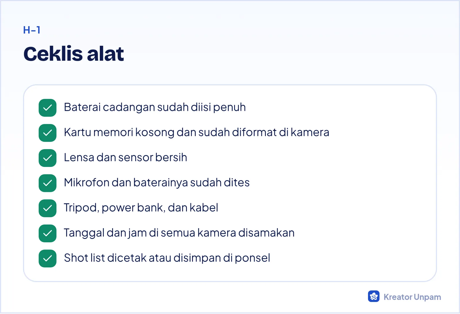Ceklis alat dokumentasi sehari sebelum acara