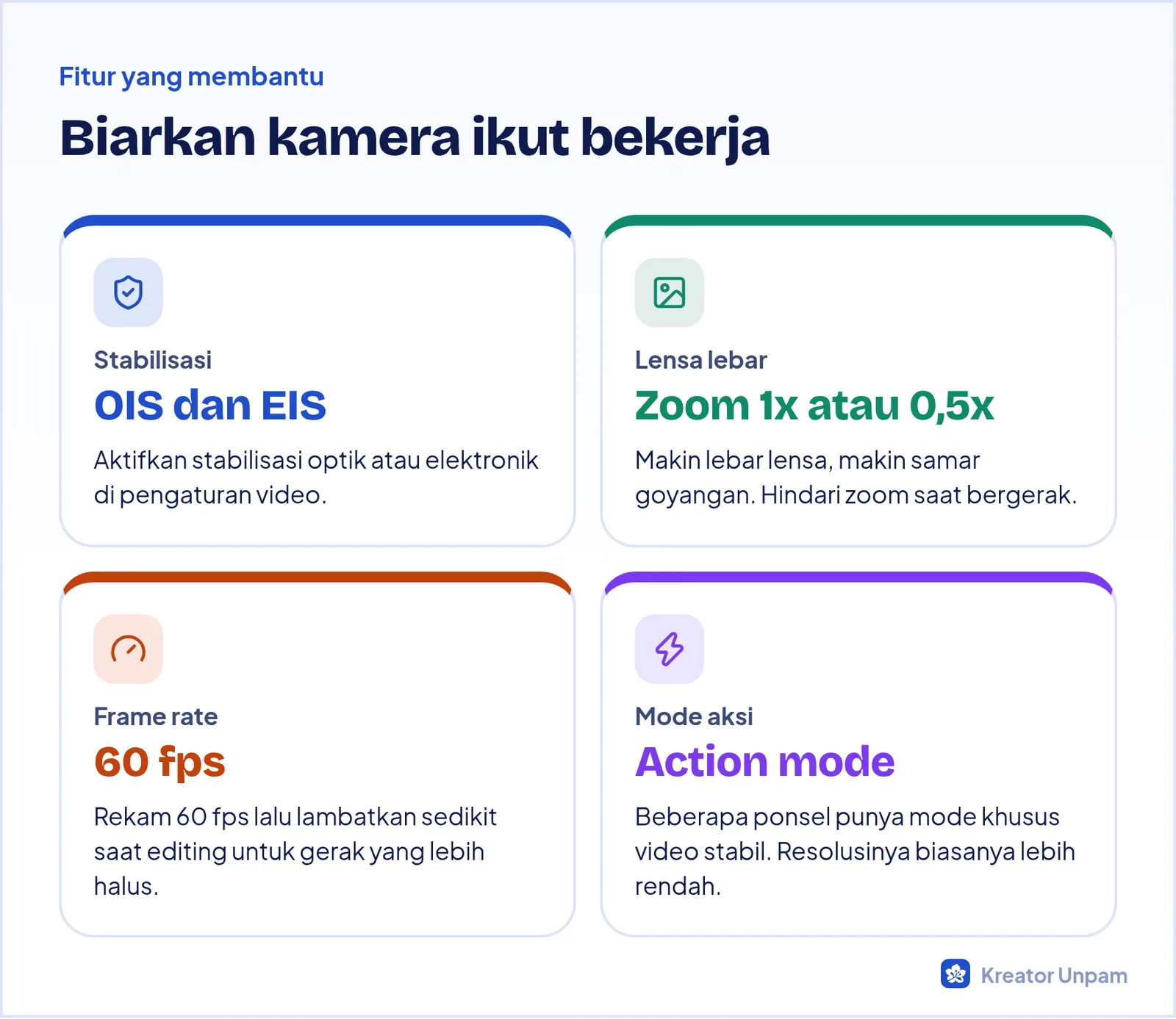 Fitur kamera yang membantu video stabil: stabilisasi bawaan, lensa lebar, frame rate tinggi, dan mode aksi
