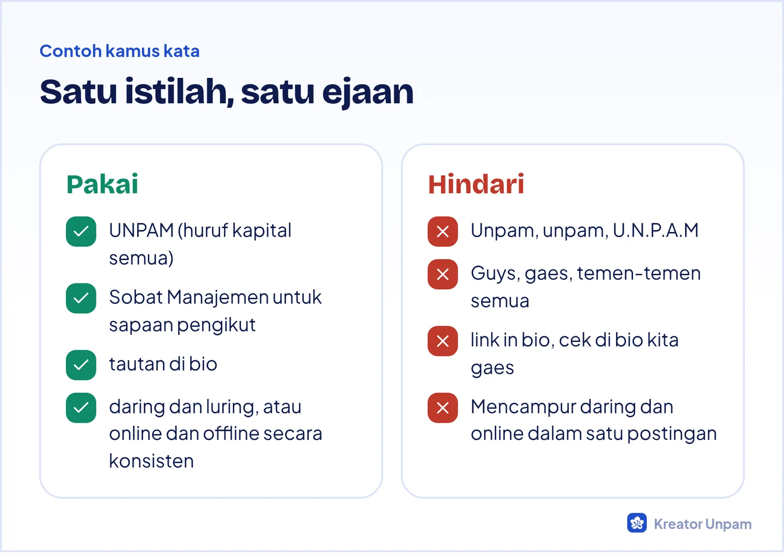 Contoh kamus kata brand voice: kata yang dipakai dan kata yang dihindari